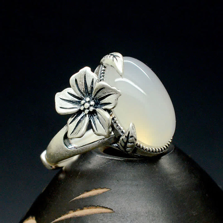 990スターリングシルバー天然カルセドニープラムポジティブハーモニーリング