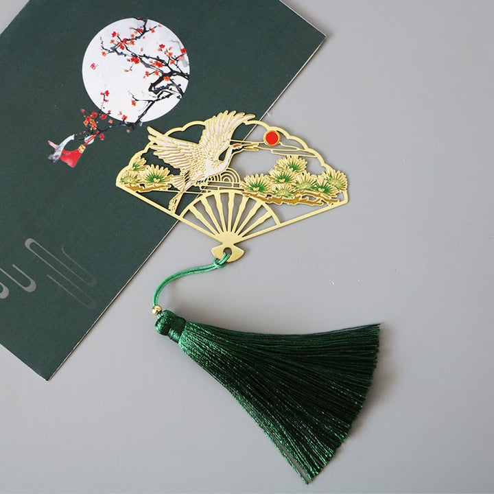 Buddha Stones伝統的な蝶 蓮の花 鶴 龍 鳳凰 狐 鯉 新しい始まり 金属 真鍮 中空扇子 ブックマーク