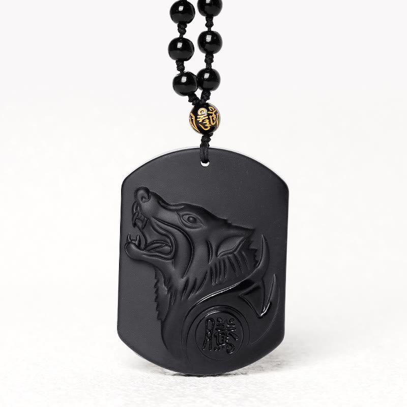 Buddha Stones黒曜石 ウルフ浄化ペンダントネックレス