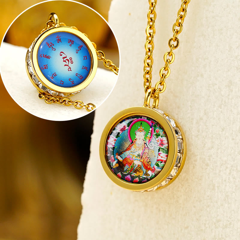 Buddha Stonesチベット イエロー 富の神 グリーン ターラ仏 静寂 チタン鋼 ネックレス ペンダント - 表 パドマサンバヴァ菩薩 裏 マントラ - image 12