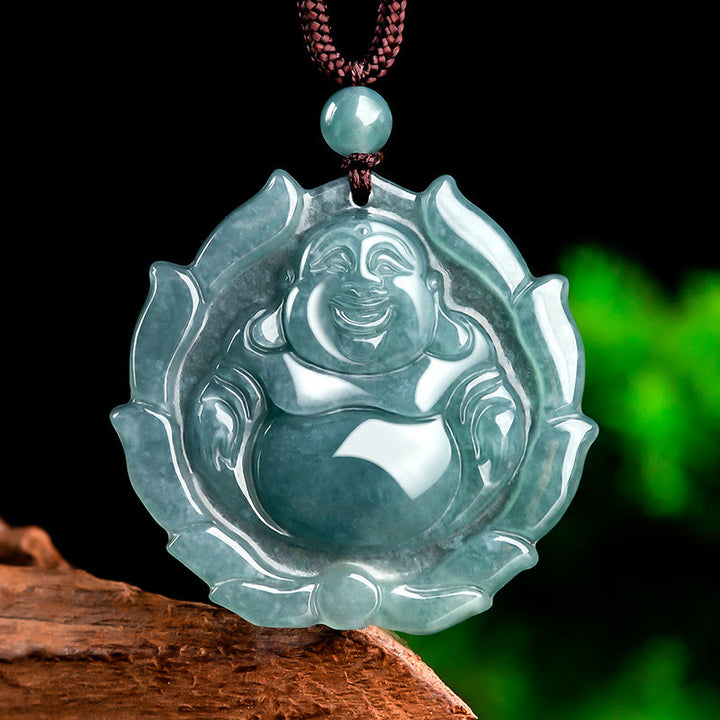 Buddha Stones天然翡翠 笑い仏 蓮の模様 幸運のネックレスペンダント - 笑い仏(幸せ♥富) - image 1
