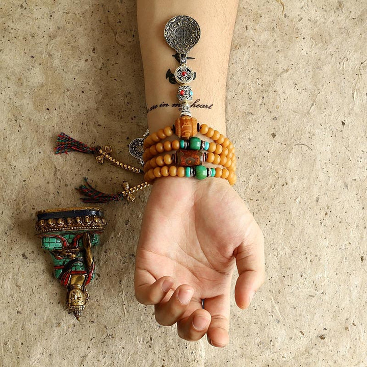 Buddha Stonesチベット 108Malaビーズ菩提樹種子八卦金剛富ブレスレット