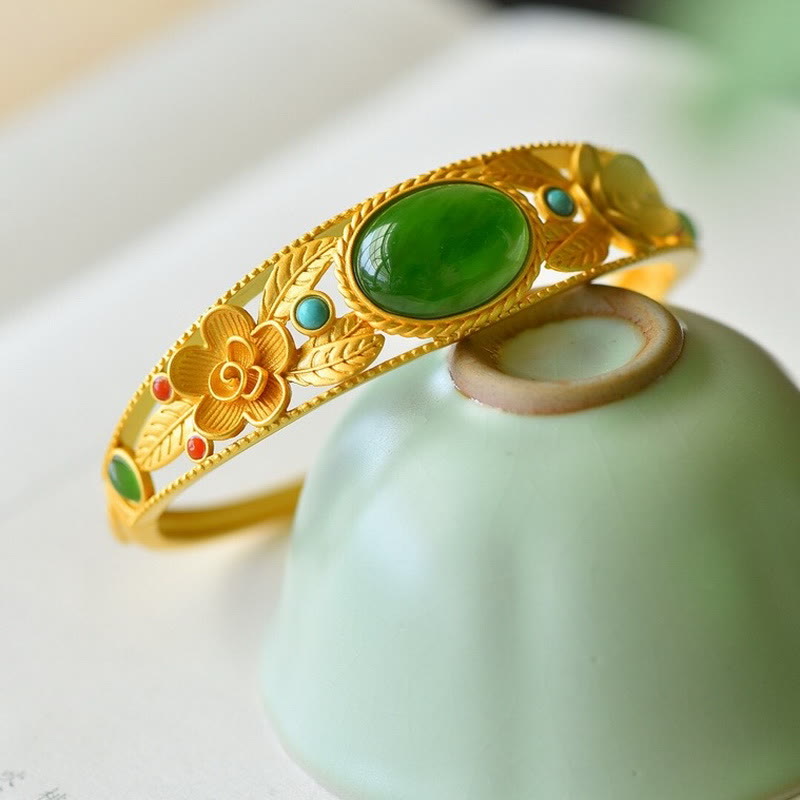 Buddha Stonesシアン翡翠 白翡翠 花 葉 ハーモニー幸運ブレスレットバングル