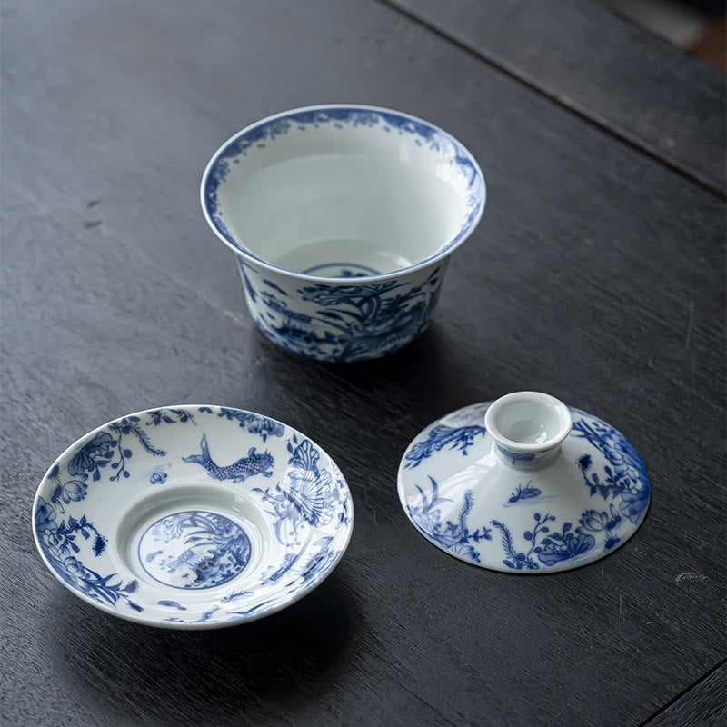 Buddha Stones青と白の磁器 蓮 鯉 獅子舞 スイカ 陶器 蓋碗 三彩 ティーカップ カンフーティーカップ&ソーサー 蓋付き 300ml
