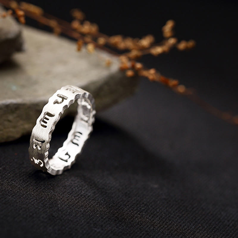 Buddha Stonesチベット 925 スターリングシルバー オム・オーム・マニ・パドメ・フム平和中空リング