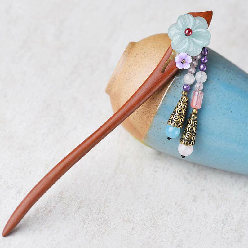 レッドサンダルウッド、アメジスト、アベンチュリンのお守りヘアピン装飾