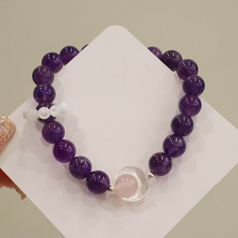 Buddha Stones 925スターリングシルバー 天然アメジスト アクアマリン ピンククリスタル キャッツアイ ヒーリング クレセントムーンブレスレット