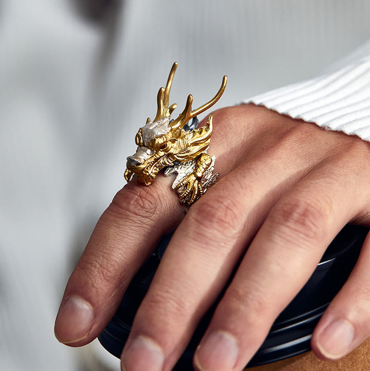 Buddha Stones925スターリングシルバー ドラゴン 幸運 成功 守護 調節可能 リング ペンダント