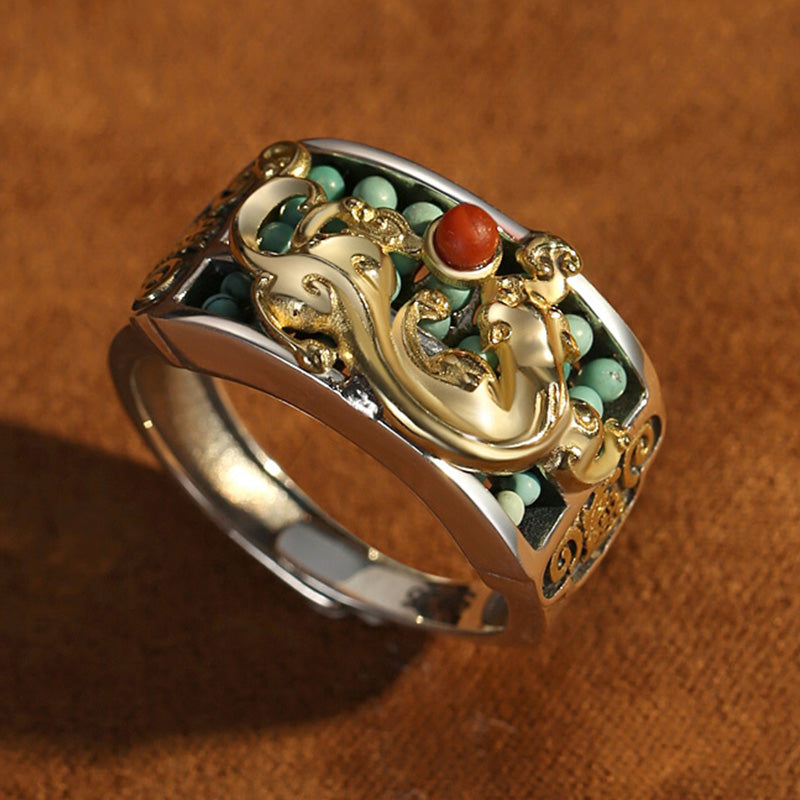 Buddha Stones 925スターリングシルバー ターコイズ レッドアゲート 貔貅 そろばん 守護リング