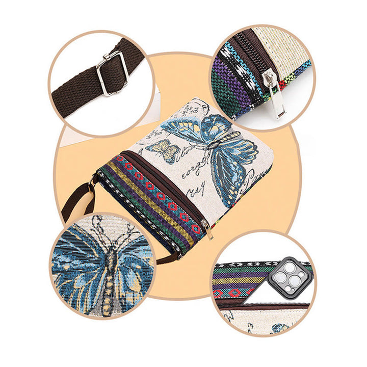 Buddha Stonesエレファントバタフライ刺繍キャンバストートバッグ ショルダーバッグ クロスボディバッグ