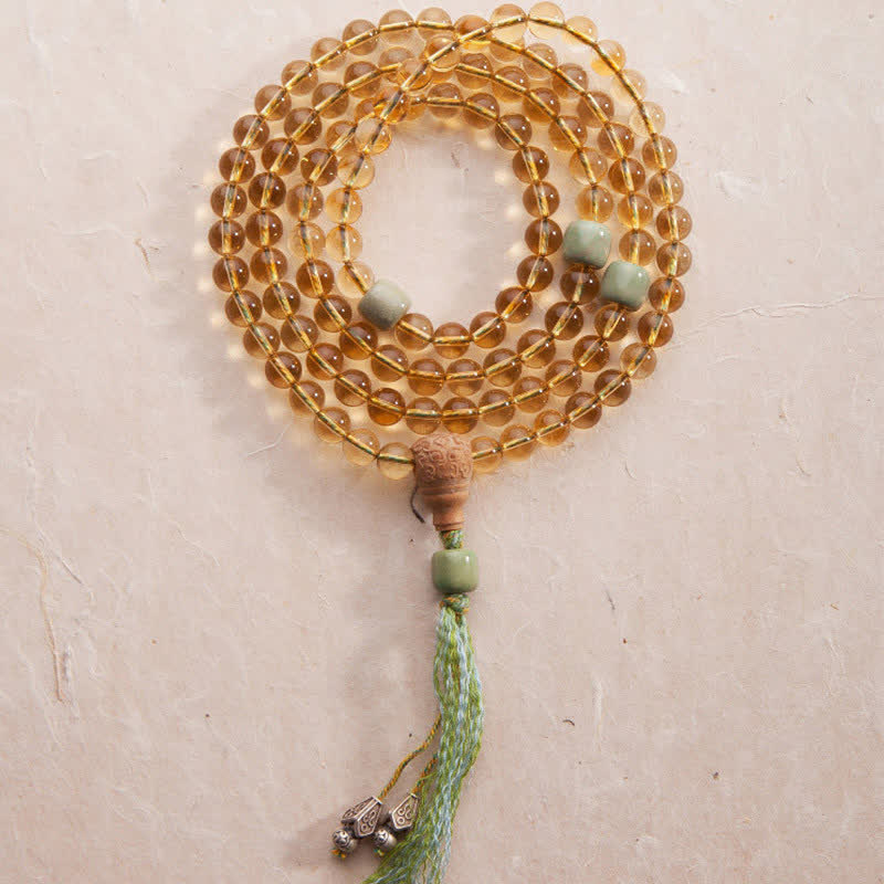 Buddha Stones 108Malaビーズ 925 スターリングシルバー シトリン サンダルウッド ターコイズ 守護 繁栄 ブレスレット