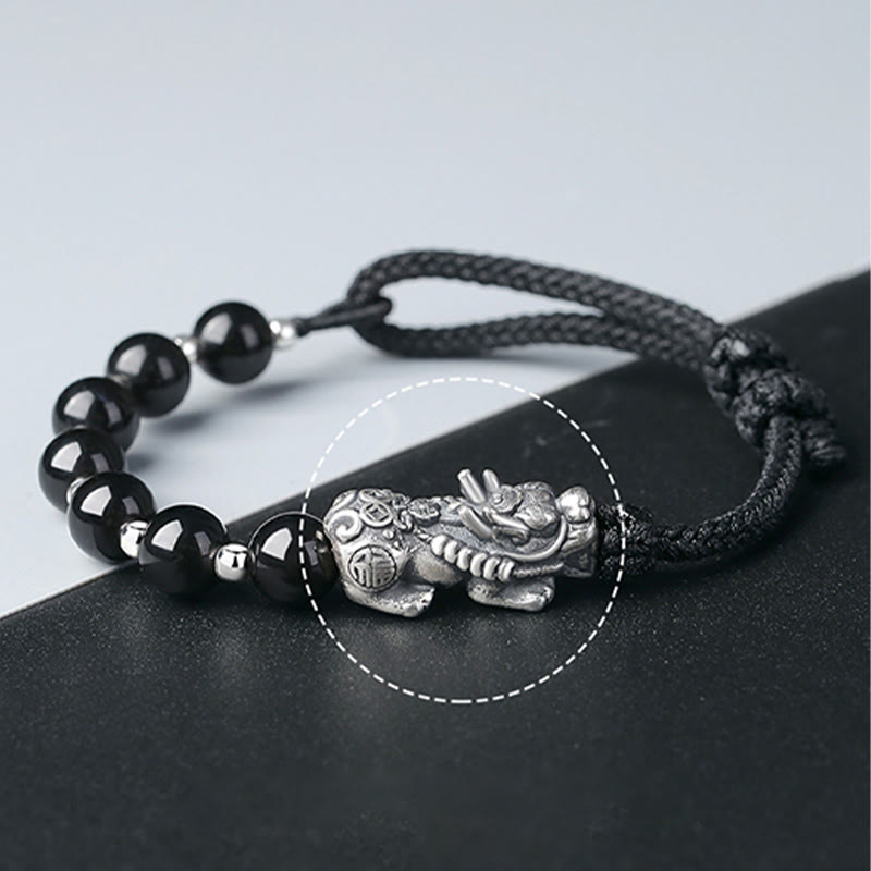 Buddha Stones999スターリングシルバー 風水 貔貅 天然黒曜石 925スターリングシルバー ビーズ強さブレスレット