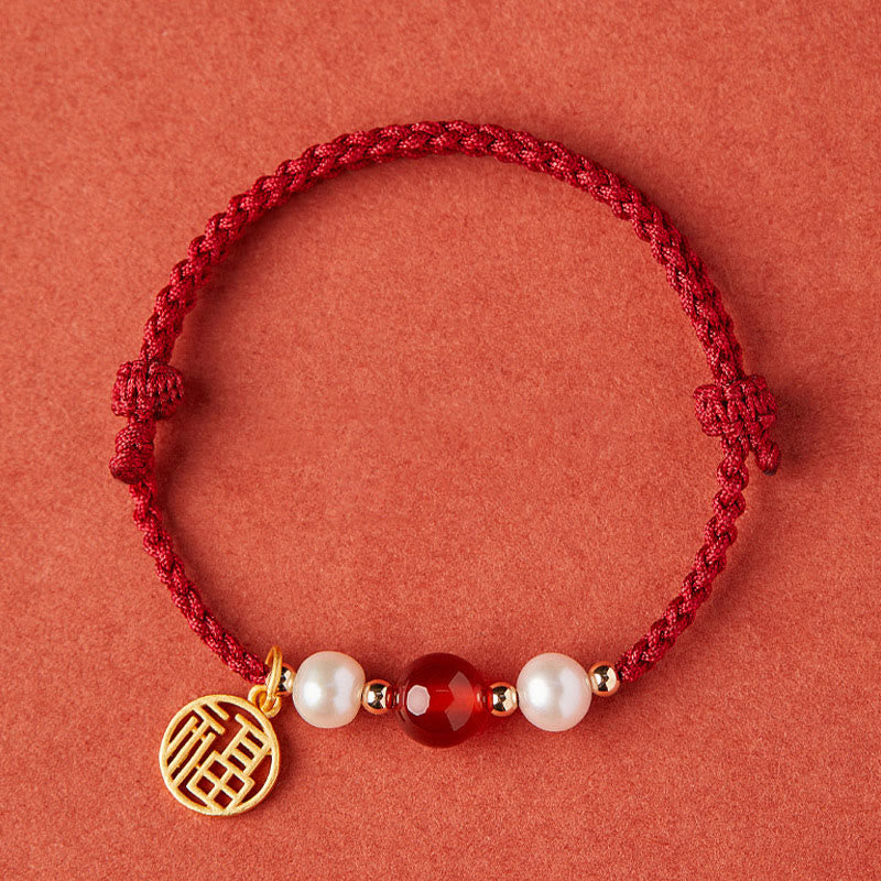 Buddha Stones925 スターリングシルバー 幸運の福の文字瑪瑙真珠 赤い紐編みブレスレット