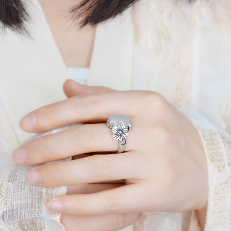 990スターリングシルバー天然カルセドニープラムポジティブハーモニーリング