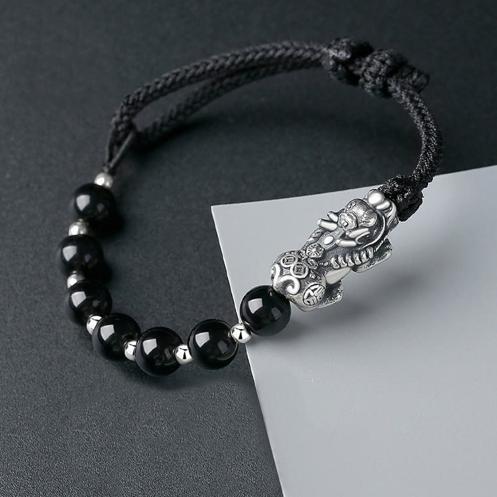 Buddha Stones999スターリングシルバー 風水 貔貅 天然黒曜石 925スターリングシルバー ビーズ強さブレスレット