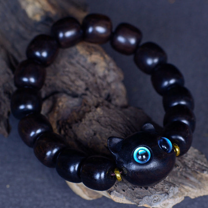 Buddha Stones、黒檀、琉璃ガラス、愛らしい猫の平和バランスブレスレット - image 17