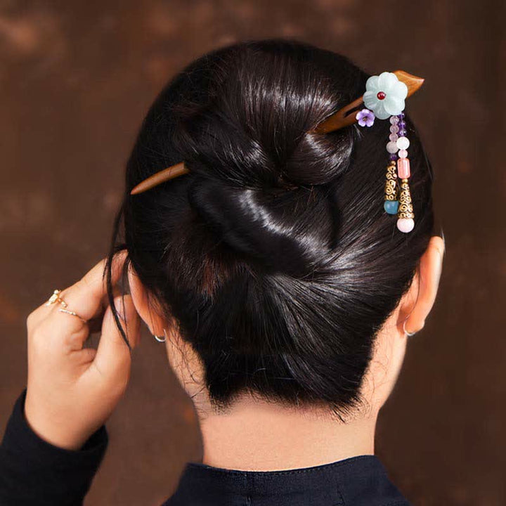 レッドサンダルウッド、アメジスト、アベンチュリンのお守りヘアピン装飾