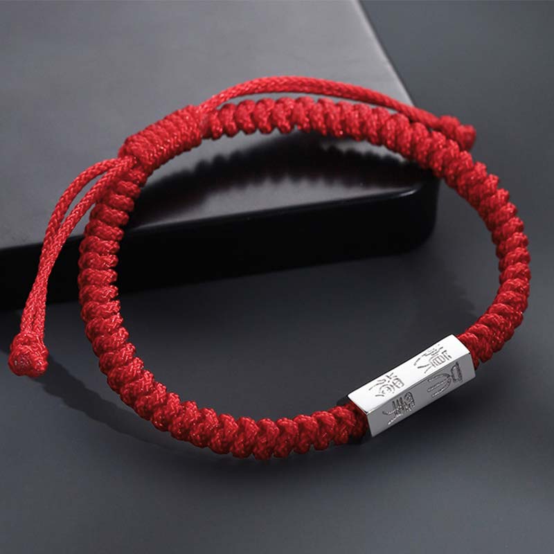Buddha Stones925スターリングシルバー 文字彫刻 祝福ストリングブレスレット - レッド（ブレスレットサイズ：18～24cm） - image 0