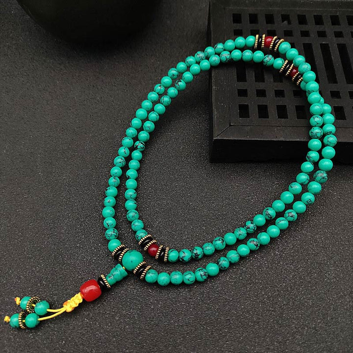 Buddha Stones チベット風 ターコイズ数珠ブレスレット 浄化 癒し 瞑想 マントラ風 メンズ レディース