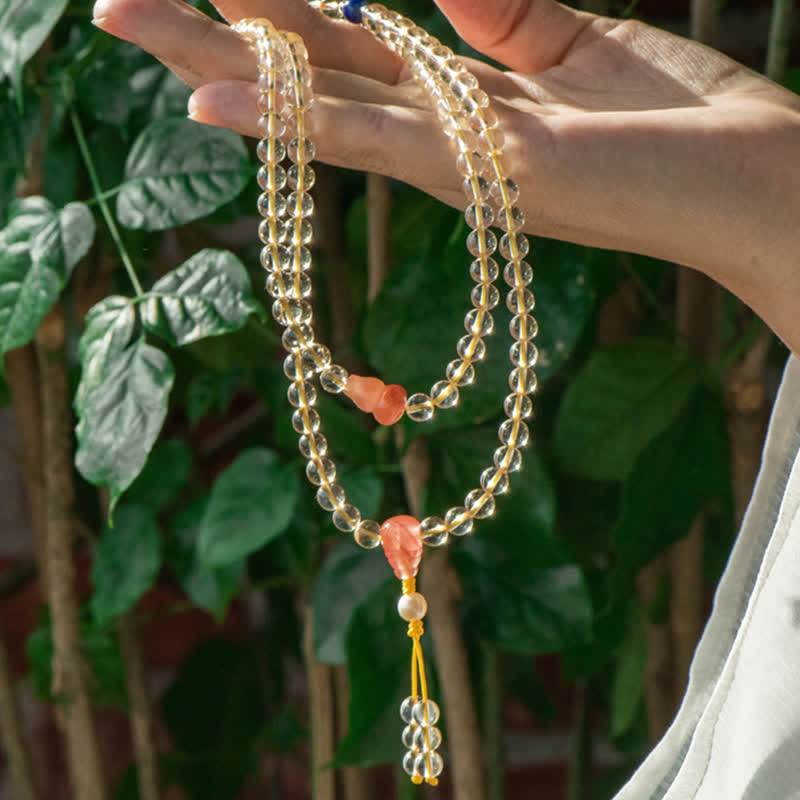 Buddha Stones 108Malaビーズ 925 スターリングシルバー 天然シトリン 赤瑪瑙 白翡翠 繁栄のチャームブレスレット