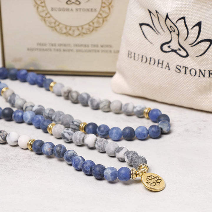 Buddha Stones 108 天然ピカソジャスパー＆ブルーストーンMalaロータスペンダントブレスレット