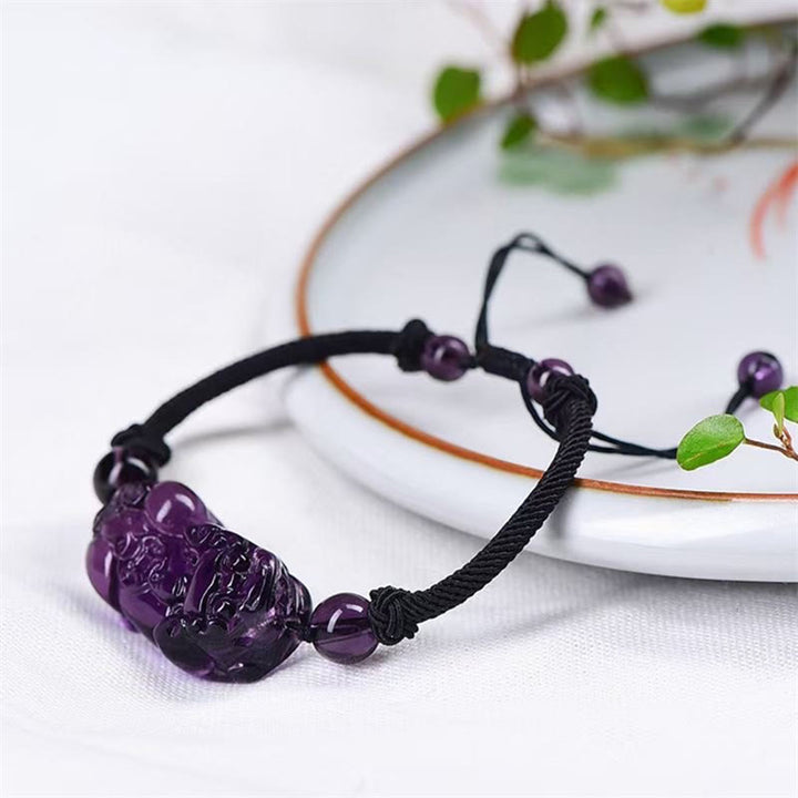 Buddha Stones天然黒曜石 アメジスト シトリン 貔貅 銅貨開運財運ブレスレット