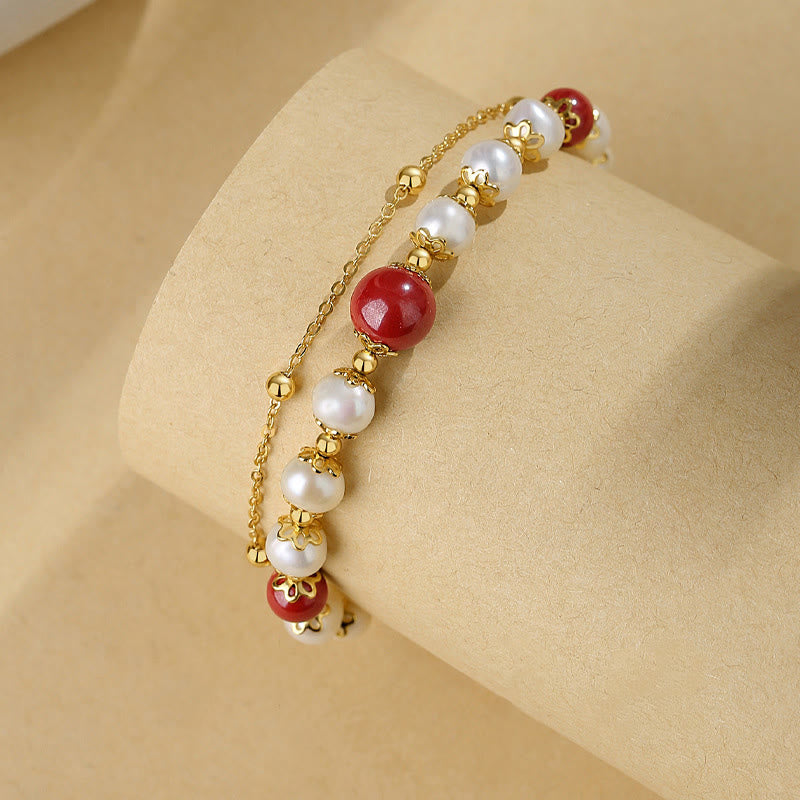 Buddha Stones925スターリングシルバー パール シナバー ウィズダムビーズ ダブルレイヤーチェーンブレスレット