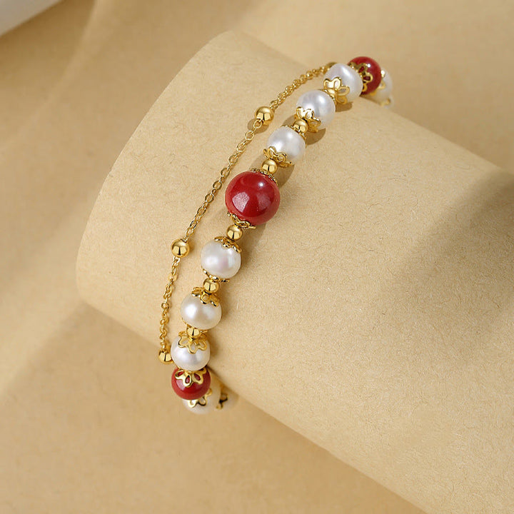 Buddha Stones925スターリングシルバー パール シナバー ウィズダムビーズ ダブルレイヤーチェーンブレスレット - image 1