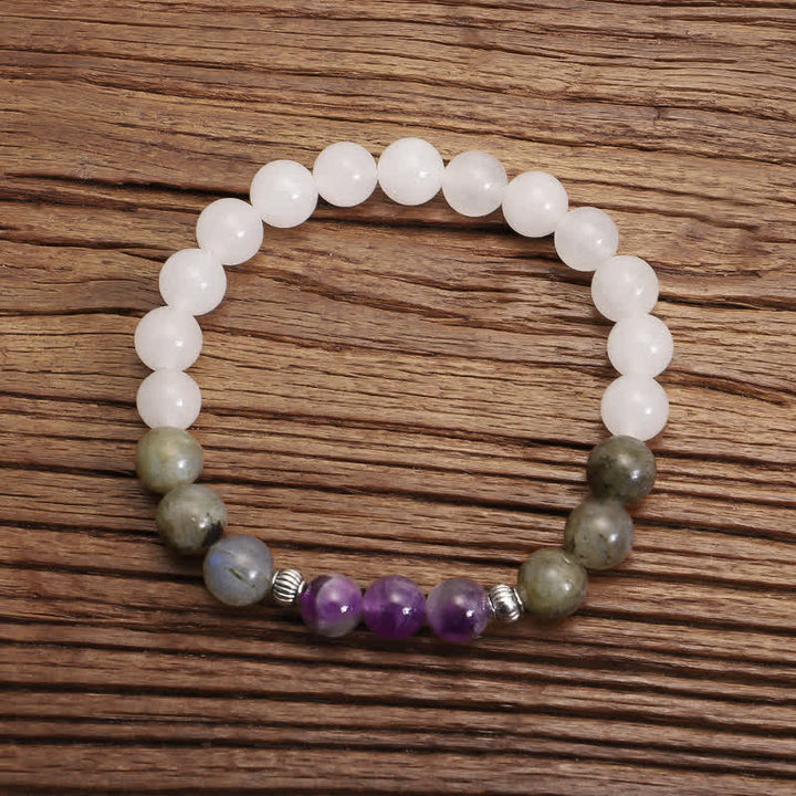 Buddha Stones 108Malaビーズ ホワイトアゲート アメジスト ブラックグリッターストーン 守護ブレスレット