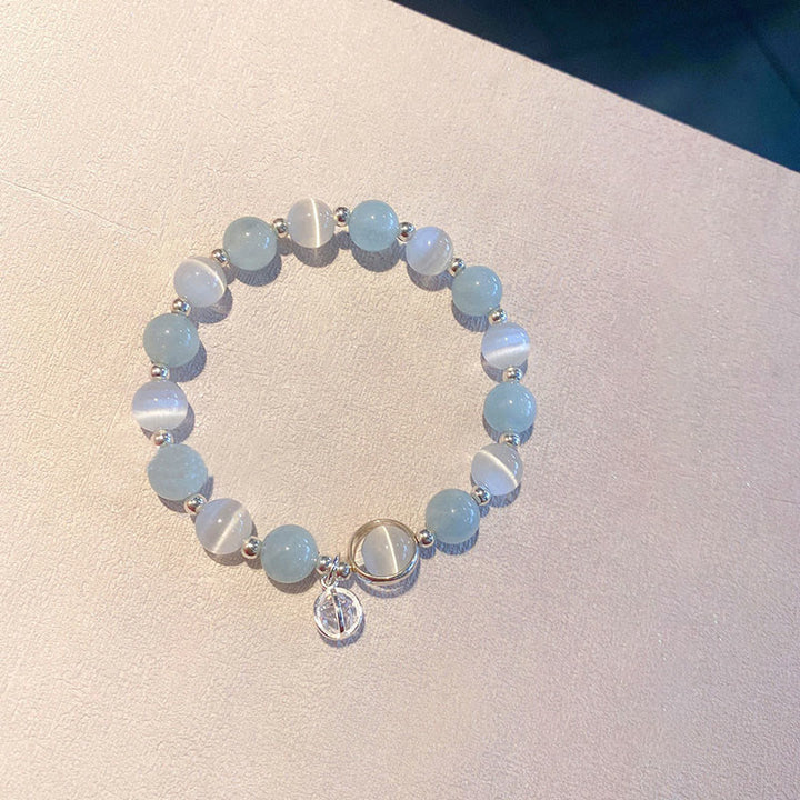 Buddha Stones 925スターリングシルバー キャッツアイ アクアマリン サポートチャームブレスレット