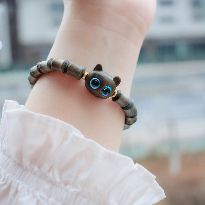 Buddha Stones、黒檀、緑白檀、かわいい猫の平和ブレスレット