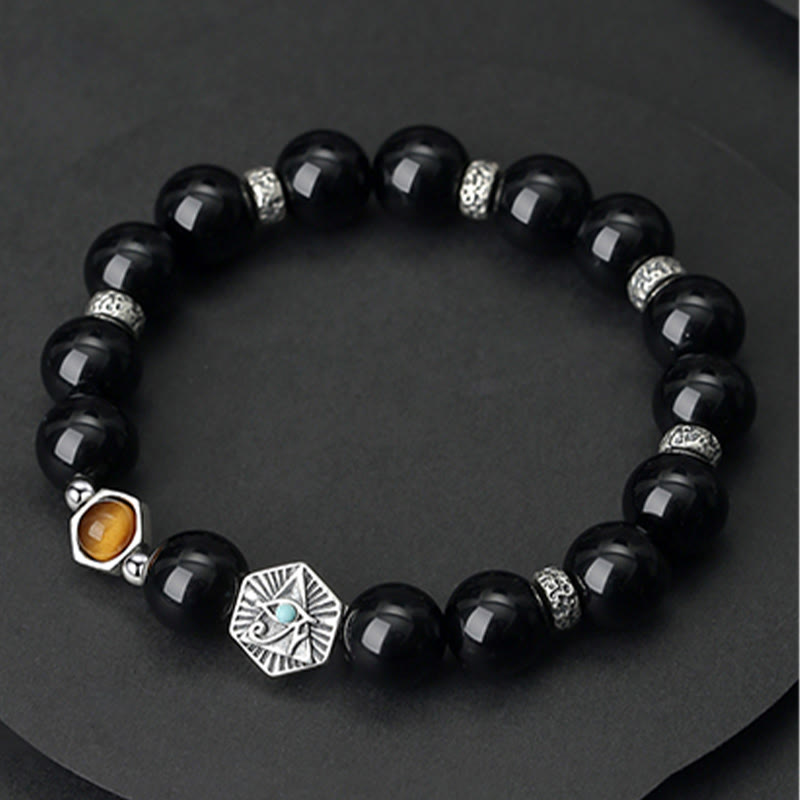 Buddha Stones925 スターリングシルバー ブラックオブシディアン タイガーアイ プロビデンスの目 浄化ブレスレット
