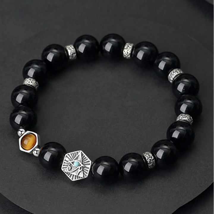 Buddha Stones925 スターリングシルバー ブラックオブシディアン タイガーアイ プロビデンスの目 浄化ブレスレット