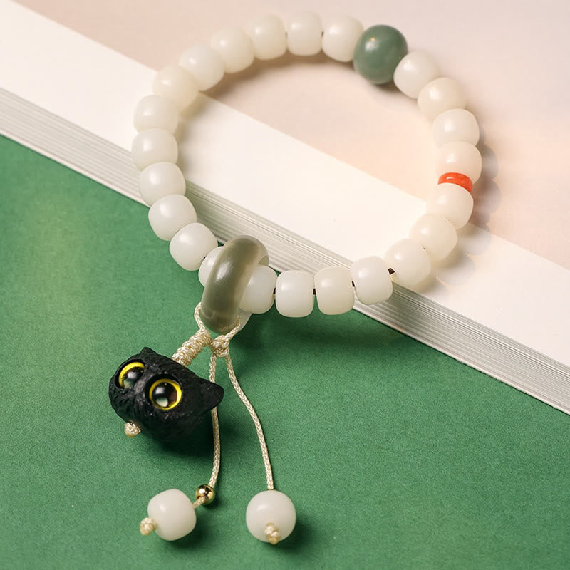 Buddha Stones天然菩提樹 アフリカンブラックウッド 愛らしい猫のチャーム 平和と調和のブレスレット - image 2