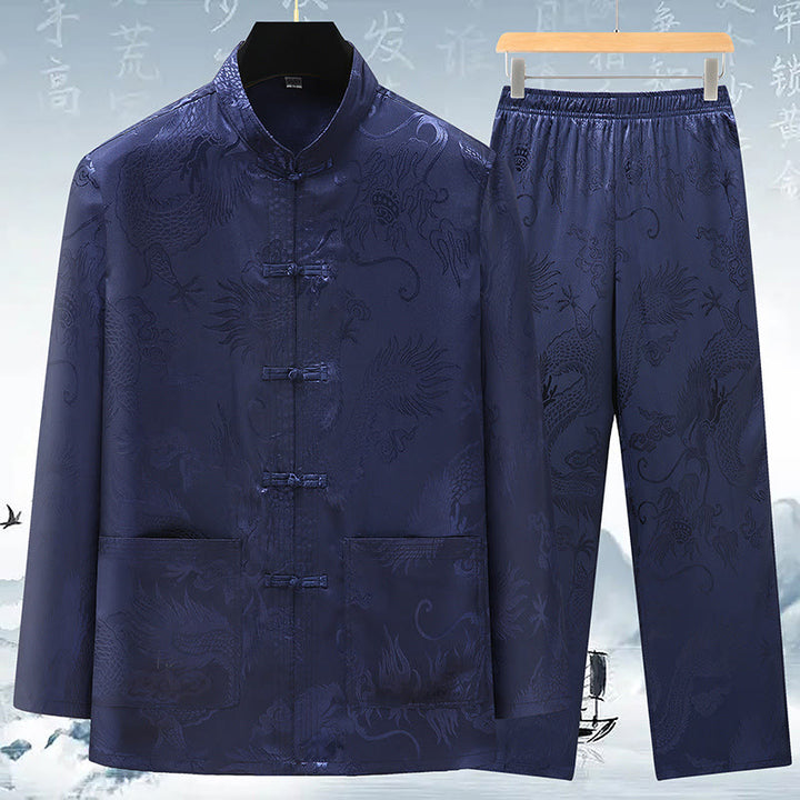 Buddha Stones唐装男性漢服中国龍伝統衣装カンフーシャツ制服長袖コートトップスとパンツ衣類メンズセット - 濃い青色 - US/UK/AU42、 EU52 (3XL) - image 13