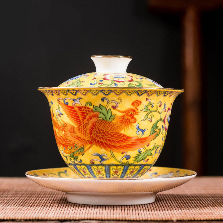 Buddha Stones龍鳳凰花デザイン陶器蓋碗三彩ティーカップカンフーティーカップ＆ソーサー蓋付き - 黄色 - フェニックス 9.5cm×9.3cm×160ml - image 4