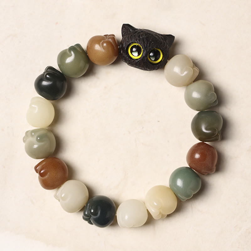 Buddha Stones天然菩提樹 愛らしい足跡黒檀招き猫 知恵のブレスレット - image 3