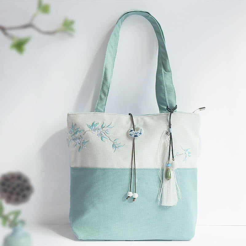 梨花 梅 桃の花 竹刺繍 キャンバス 大容量 ショルダーバッグ トートバッグ