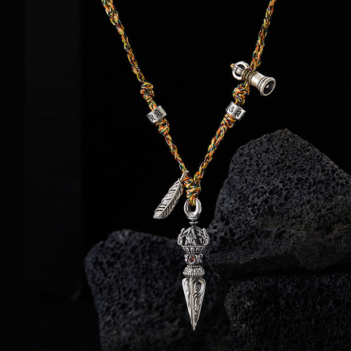 Buddha Stonesチベット ハンドメイド 925 スターリングシルバー ドルジェ ヴァジュラオーム・マニ・パドメ・フムフェザー ストレングス ネックレス ペンダント - image 1