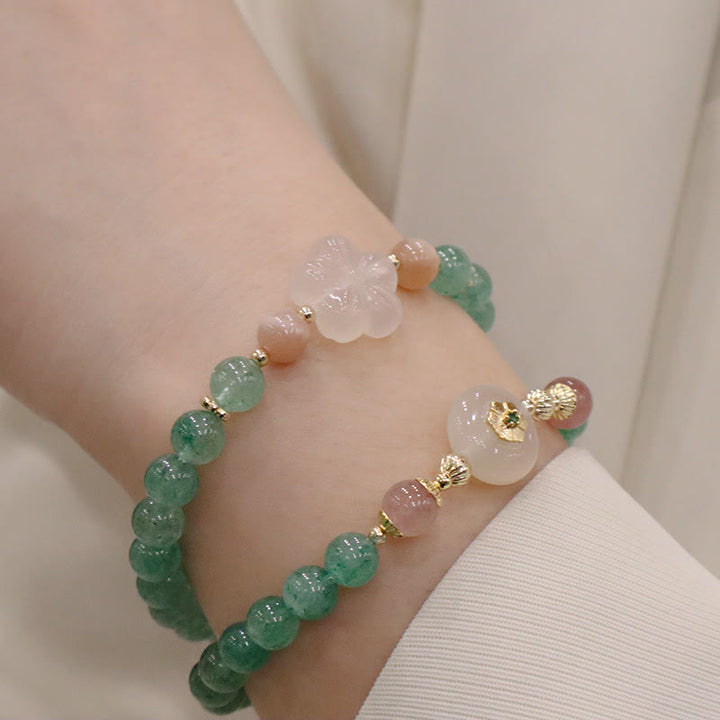 Buddha Stones天然グリーンストロベリークォーツ カルセドニーフラワー 感謝ブレスレット