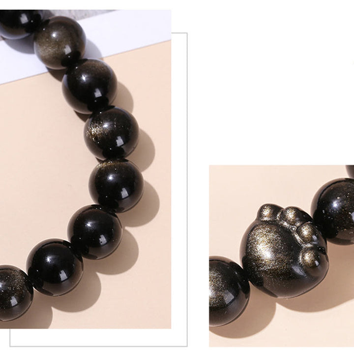 Buddha Stones天然ゴールドシーンオブシディアン シルバーシーンオブシディアン かわいい猫の足跡開運財運ブレスレット - image 5