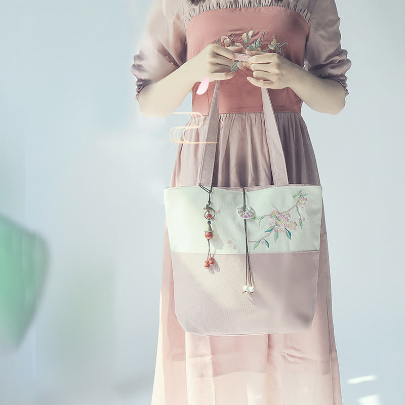 梨花 梅 桃の花 竹刺繍 キャンバス 大容量 ショルダーバッグ トートバッグ