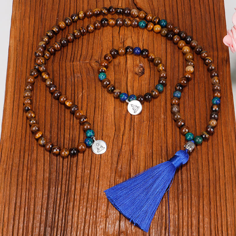 Buddha Stones108Malaビーズ タイガーアイ 仏陀の強さのブレスレット タッセルネックレス ペンダント