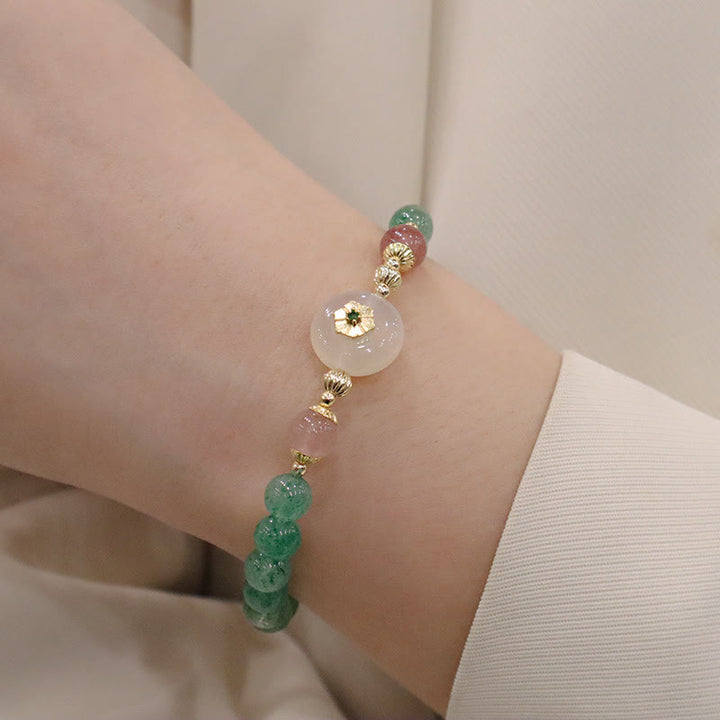 Buddha Stones天然グリーンストロベリークォーツ カルセドニーフラワー 感謝ブレスレット