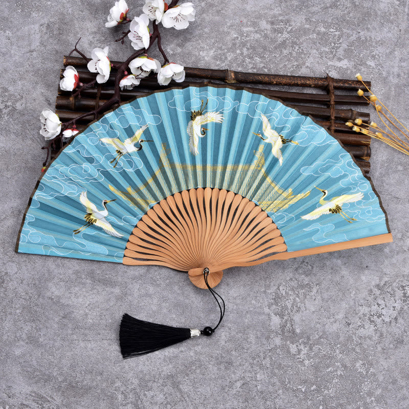 Buddha Stonesヴィンテージ雲鶴柄手持ち竹扇子