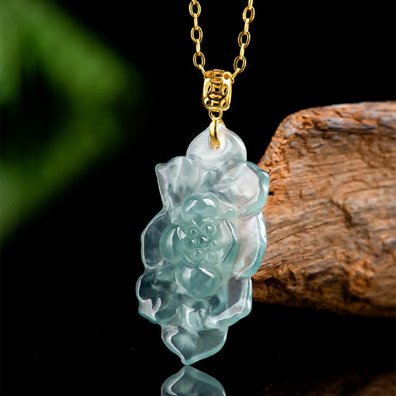 Buddha Stones 925スターリングシルバーチェーン 18Kゴールドバックル 天然翡翠 蓮の模様豊かさのネックレスペンダント - image 1