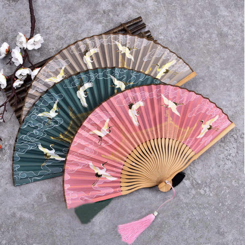Buddha Stonesヴィンテージ雲鶴柄手持ち竹扇子