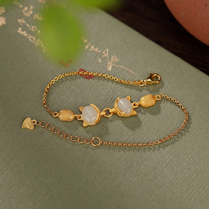 Buddha Stones925 スターリングシルバー 天然和田白翡翠 シアン翡翠 愛らしいキツネの幸運ブレスレット - image 8