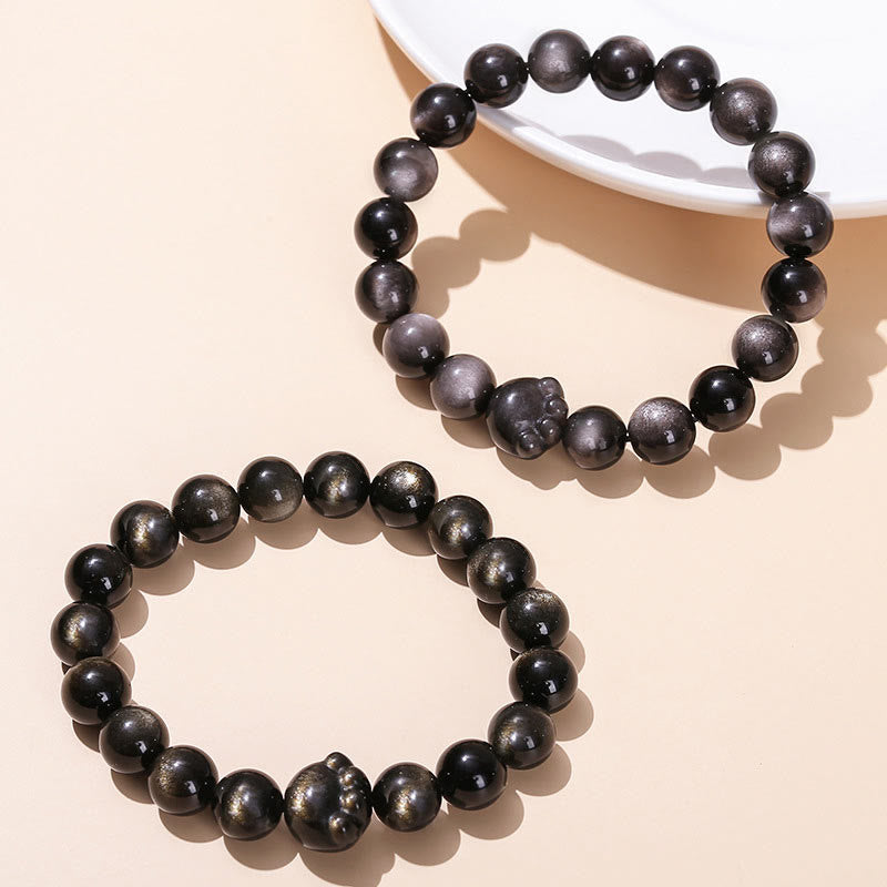 Buddha Stones天然ゴールドシーンオブシディアン シルバーシーンオブシディアン かわいい猫の足跡開運財運ブレスレット - image 2