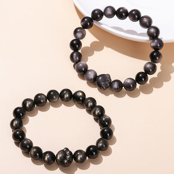 Buddha Stones天然ゴールドシーンオブシディアン シルバーシーンオブシディアン かわいい猫の足跡開運財運ブレスレット - image 2